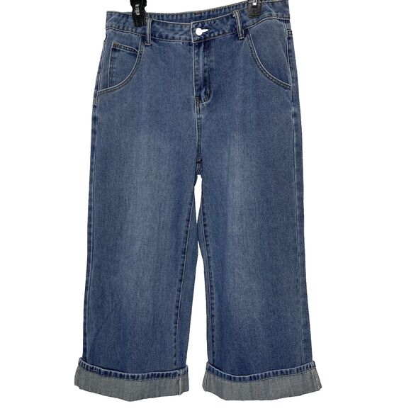 DAZY Jeans High Rise Wide Leg Baggy Fit Cuffed Denim Medium Wash Womens XL Blue - Picture 1 of 12